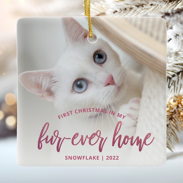 Ornamento De Cerâmica Pet Photo First Christmas Forever Home Pink (Criador carregado)