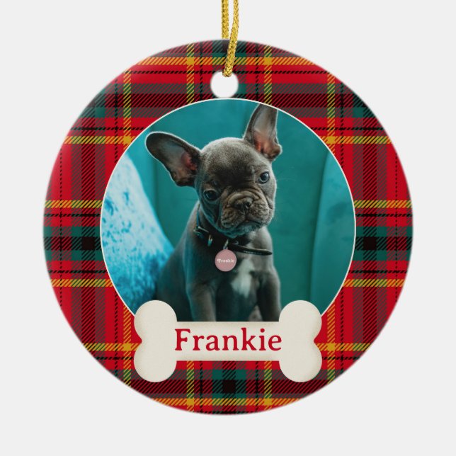 Ornamento De Cerâmica Pet Photo & Name Christmas Red and Green Xadrez (Frente)