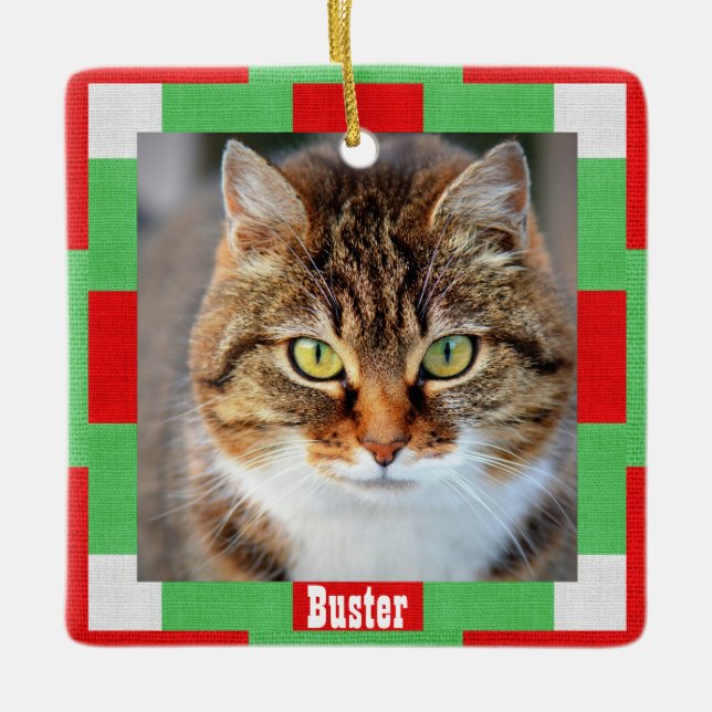 Ornamento De Cerâmica Pet Photo Name Red Green (Frente)