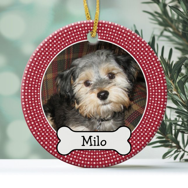 Ornamento De Cerâmica Pet Photo with Dog Bone - Duplo Lado (Personalized Christmas Photo Ornament)