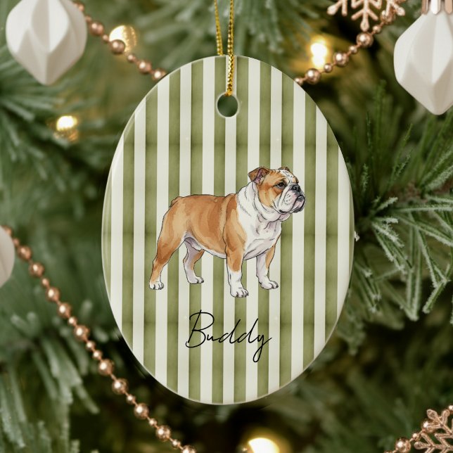Ornamento De Cerâmica Pet Retrato Retrato Retrato Manuscrito Cachorro Aq (Celebrate the holidays with this timeless, vintage striped pet portrait! )