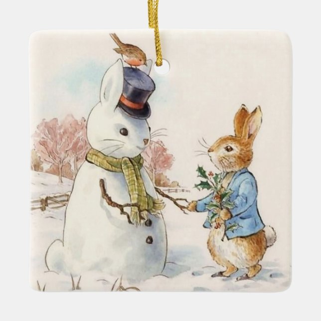 Ornamento De Cerâmica Peter Rabbit and the Snowman by Beatrix Potter (Frente)