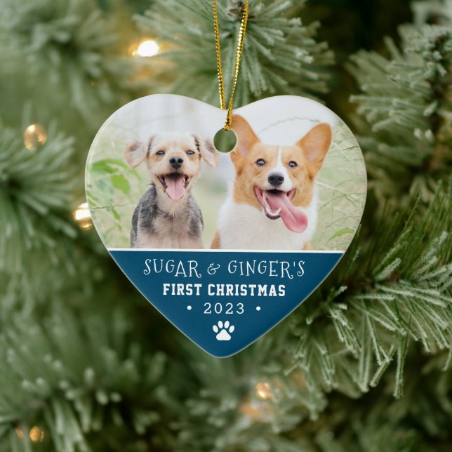 Ornamento De Cerâmica Pet's First Christmas Paw Print Blue Photo (Árvore)