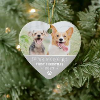 Ornamento De Cerâmica Pet's First Christmas Paw Print Gray Photo