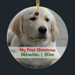 Ornamento De Cerâmica Pet's First Christmas Personalized Photo Template<br><div class="desc">Pet's first Christmas Photo Template .. add your own photo and text to this customizable hanging ornament.. ideal for dog's or cat's or whatever pet you have first Christmas or any other event / occasion .. personalize to suit your requirements .. hanging ceramic ornaments from Ricaso - NOTE BE CAREFUL...</div>