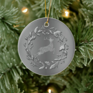 Ornamento De Cerâmica Pewter Reindeer e Wreath Christmas