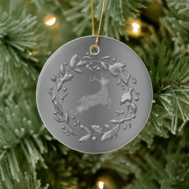 Ornamento De Cerâmica Pewter Reindeer e Wreath Christmas (Árvore)