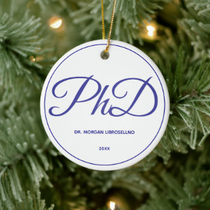 Ornamento De Cerâmica PhD Graduação White Blue Name Ano