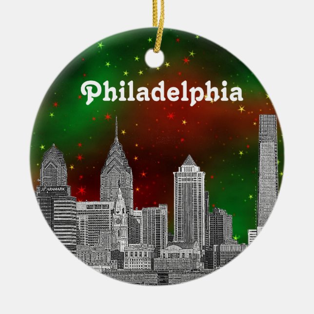 Ornamento De Cerâmica Philadelphia Skyline Green Red Starry Sky Xmas (Frente)
