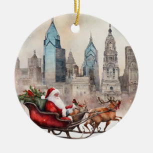 Ornamento De Cerâmica Philly Skyline com Papais noeis e Reindeer