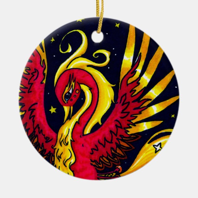 Ornamento De Cerâmica Phoenix de voo vermelho e Dourado (Frente)