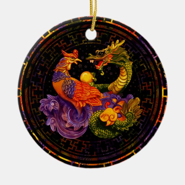 Ornamento De Cerâmica Phoenix e Dragon - em cores (Frente)