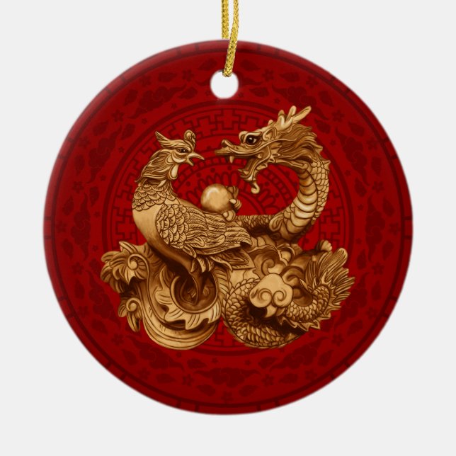 Ornamento De Cerâmica Phoenix e Dragon - em vermelho (Frente)