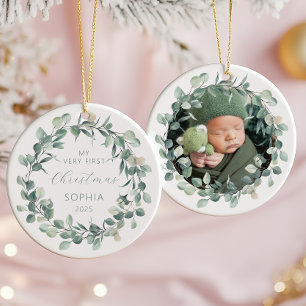 Ornamento De Cerâmica Photo Baby First Christmas Eucalyptus Wreath