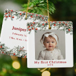 Ornamento De Cerâmica Photo Baby First Christmas Vintage Botanical<br><div class="desc">O primeiro Natal do bebê! Personalize este adorável ornamento fotográfico com fotografia e ano na frente e com o nome e a informação de nascimento do bebê no outro lado. Tão simples e doce para um presente personalizado. Uma bela vegetação botânica vinda com bagas tem uma vibração festiva. Lembrança perfeita....</div>