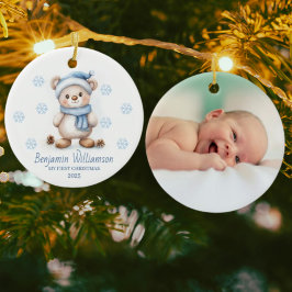 Ornamento De Cerâmica Photo Blue Snowflakes Bear Baby's 1st Christmas