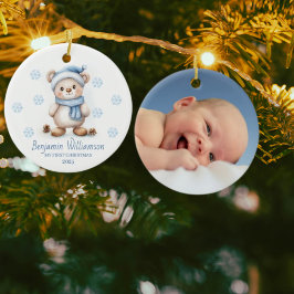 Ornamento De Cerâmica Photo Blue Snowflakes Bear Baby's 1st Christmas