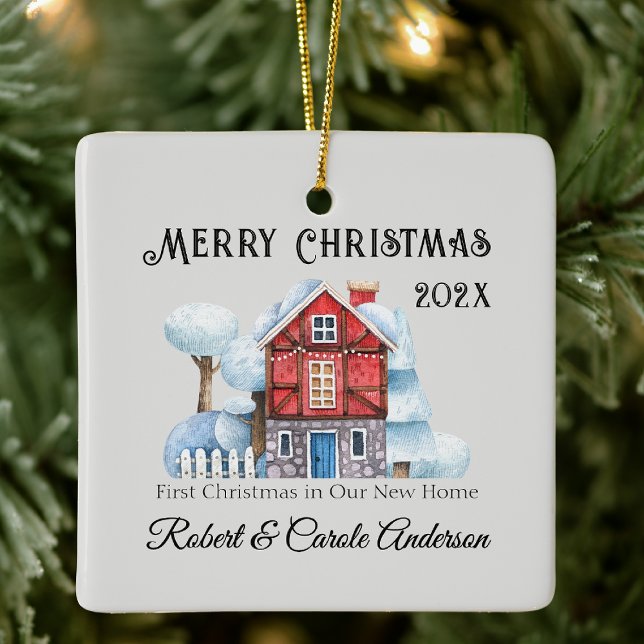 Ornamento De Cerâmica Photo First Christmas in Our New Home (Criador carregado)