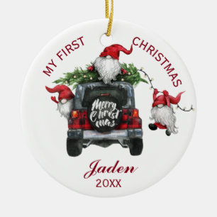 Ornamento De Cerâmica PHOTO Gnomes My First Christmas Watercolor Holiday
