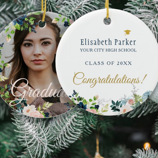 Ornamento De Cerâmica Photo graduation gold script class year elegant  (Criador carregado)