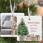 Ornamento De Cerâmica Photo Great Grandma First Christmas Tree and Crib<br><div class="desc">My First Christmas as Great Grandma to ... personalized with the new grandchild's name, the year and a photo on the back. The design features a lit christmas tree with crib and gift wrapped presents. Sweet new baby themed holiday ornament keepsake to celebrate a new addition to your family this...</div>