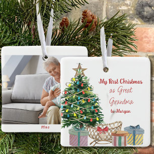 Ornamento De Cerâmica Photo Great Grandma First Christmas Tree and Crib