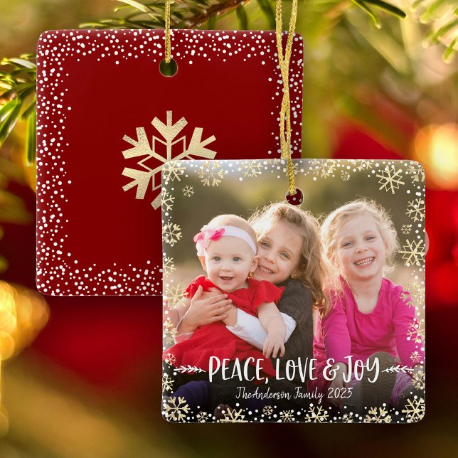 Ornamento De Cerâmica Photo Peace Love Joy Chic Gold Snowflake Christmas (Criador carregado)