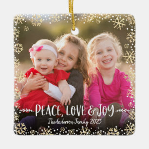 Ornamento De Cerâmica Photo Peace Love Joy Chic Gold Snowflake Christmas