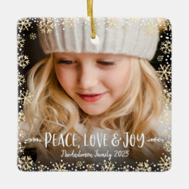 Ornamento De Cerâmica Photo Peace Love Joy Gold Snowflake Chic Christmas