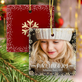 Ornamento De Cerâmica Photo Peace Love Joy Gold Snowflake Chic Christmas