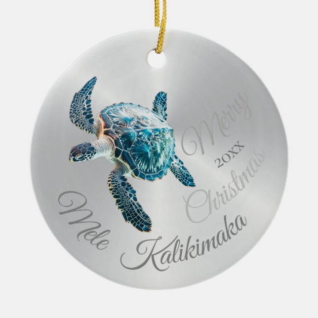 Ornamento De Cerâmica PHOTO Silver Turtle | Mele Kalikimaka | (Frente)