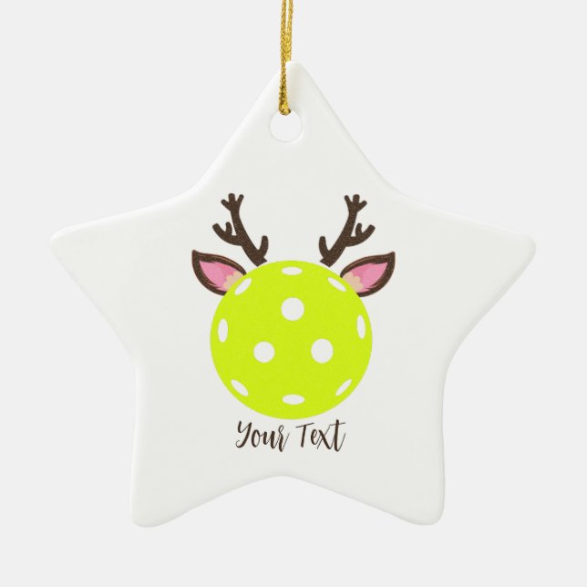 Ornamento De Cerâmica Pickleball com Rena Antlers. Engraçado Pickleball (Frente)