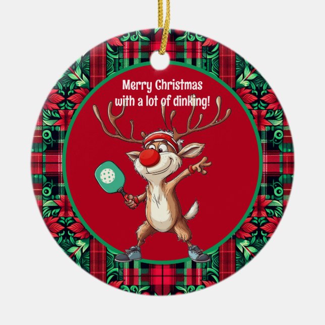 Ornamento De Cerâmica Pickleball 🎄 Feliz Natal, texto personalizado (Frente)