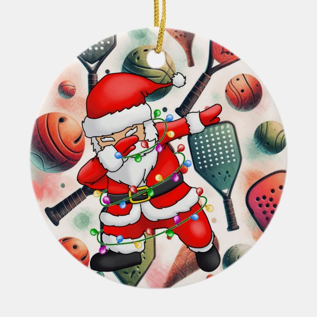 Ornamento De Cerâmica Pickleball Natal temido com Papai Noel (Frente)