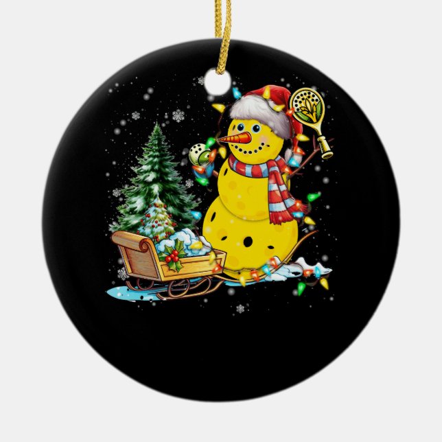 Ornamento De Cerâmica Pickleball Snowman Santa Hat Luz Natal (Frente)