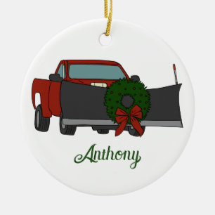 Ornamento De Cerâmica Pickup Truck com Snowplow e Wreath de Natal