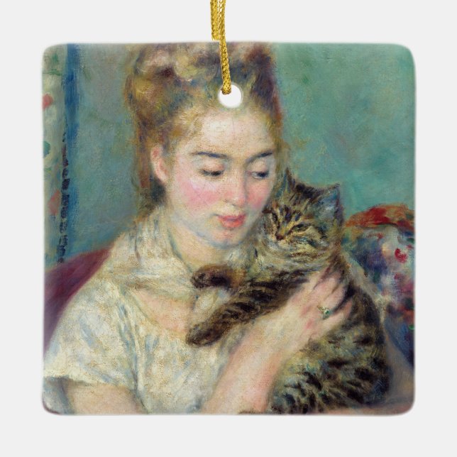 Ornamento De Cerâmica Pierre-Auguste Renoir - Mulher com gato (Frente)