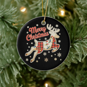 Ornamento De Cerâmica Pijama Vermelho Xadrez Rena Búfalo Feliz Natal