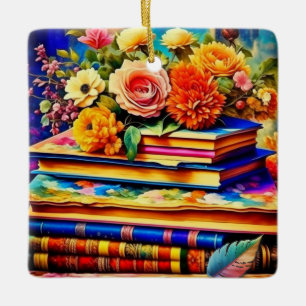 Ornamento De Cerâmica Pilha de Livros e Flores Vintage
