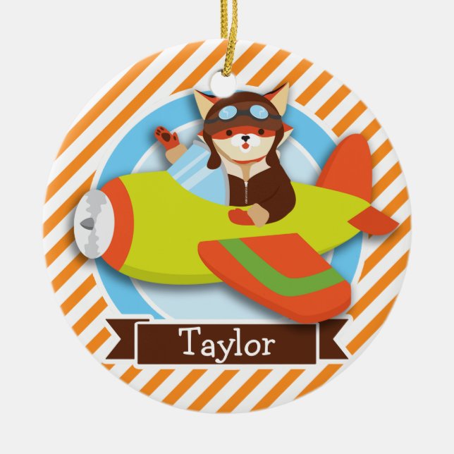 Ornamento De Cerâmica Piloto Fox em Avião Verde e Laranja (Frente)