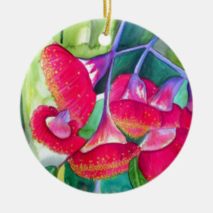 Ornamento De Cerâmica Pinceladas em aquarela de gumnuts vermelhas florid