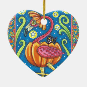 ORNAMENTO DE CERÂMICA PINCO DE PINCO FLAMINGO E GATO NEGRO NA BOMBA