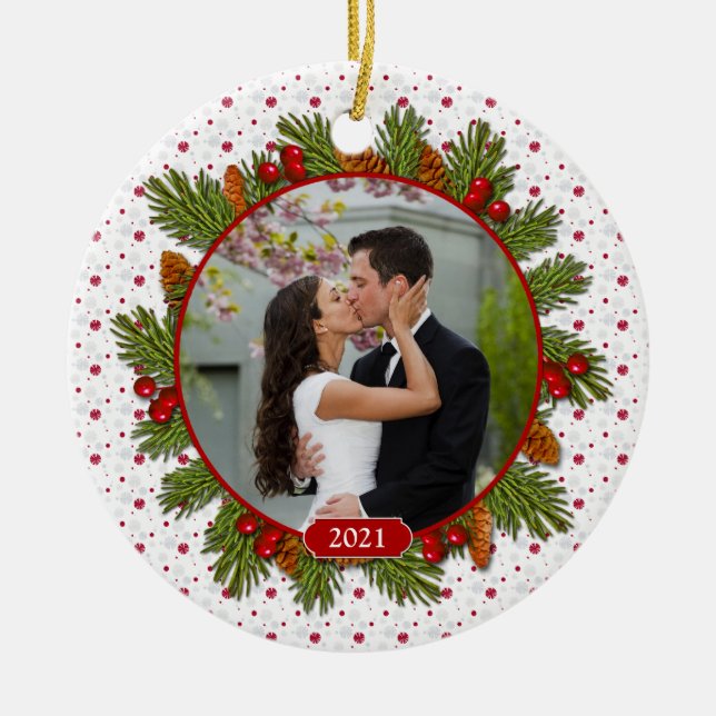 Ornamento De Cerâmica Pine Boughs Holly 1rua Natal Junto Foto (Frente)