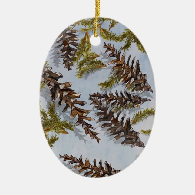 Ornamento De Cerâmica Pine Cones Evergreen Branch Ornament (Frente)