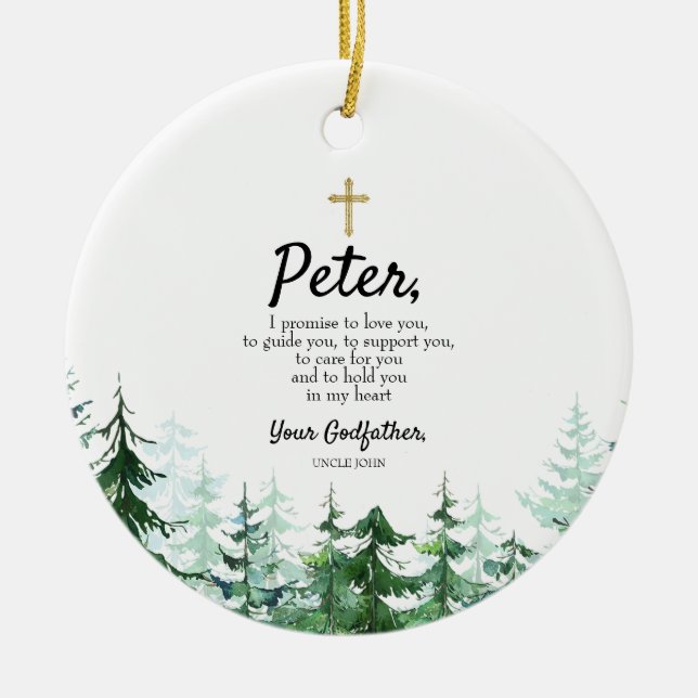 Ornamento De Cerâmica Pine Tree Promessa Personalizada a Godchild (Frente)