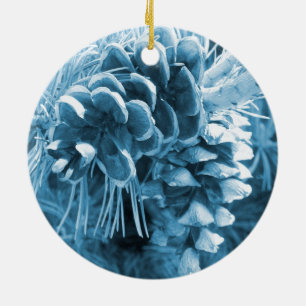 Ornamento De Cerâmica Pinecone azul-do-natal primitivo