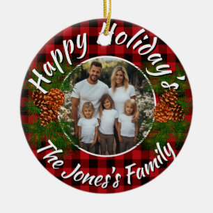 Ornamento De Cerâmica pineges de xadrez vermelha personalizados do Natal