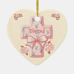 Ornamento De Cerâmica Pingente de coração com Cruz Cristã Sagrada Rosa