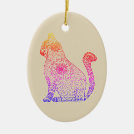 Ornamento De Cerâmica Pingente Oval Gato Mandala