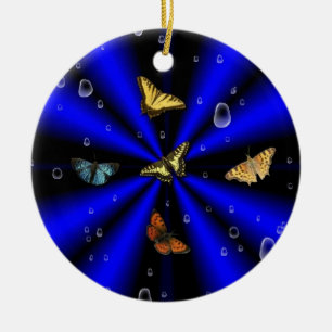 Ornamento De Cerâmica Pingos de chuva e borboleta em preto e no azul